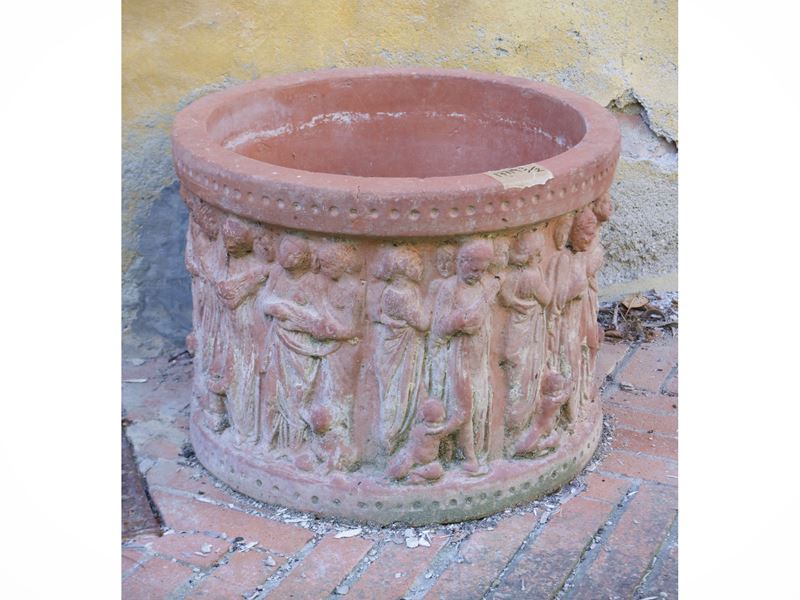 Coppia di vasi a cilindro in terracotta, h 31 cm, diam 41 cm