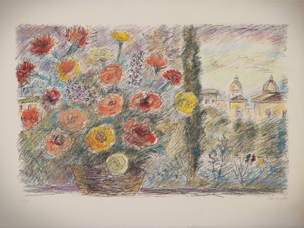 Michele Cascella - Natura morta con fiori in un paesaggio