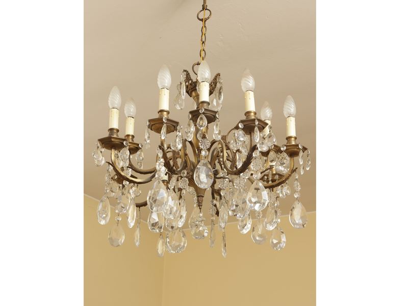 Lampadario in Metallo Dorato e Vetro