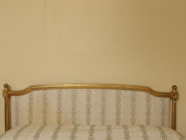 Double bed in carved wood, celestial and golden lacquered