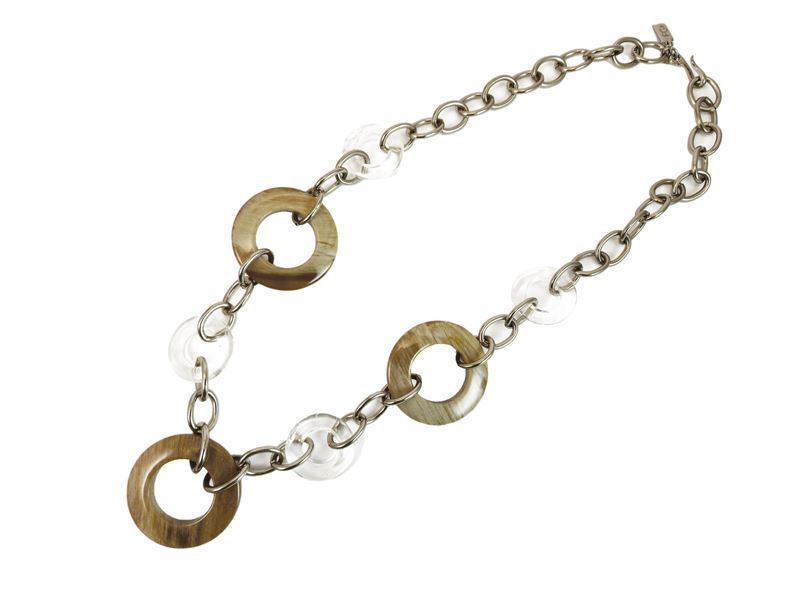 Collana con inserimenti in cristallo di rocca e pietre dure, lunghezza cm 70