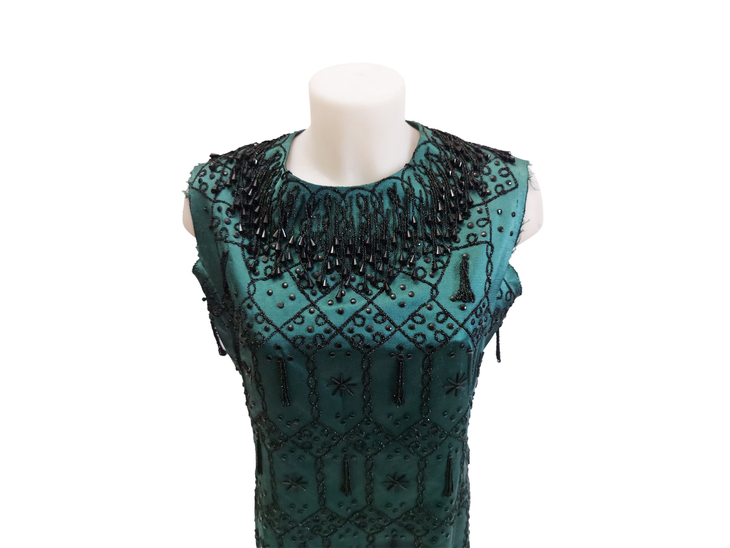 Abito sartoriale da cocktail in seta ottanio e perline nere