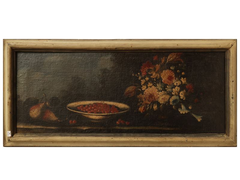 Composizioni di frutti e fiori entro paesaggi