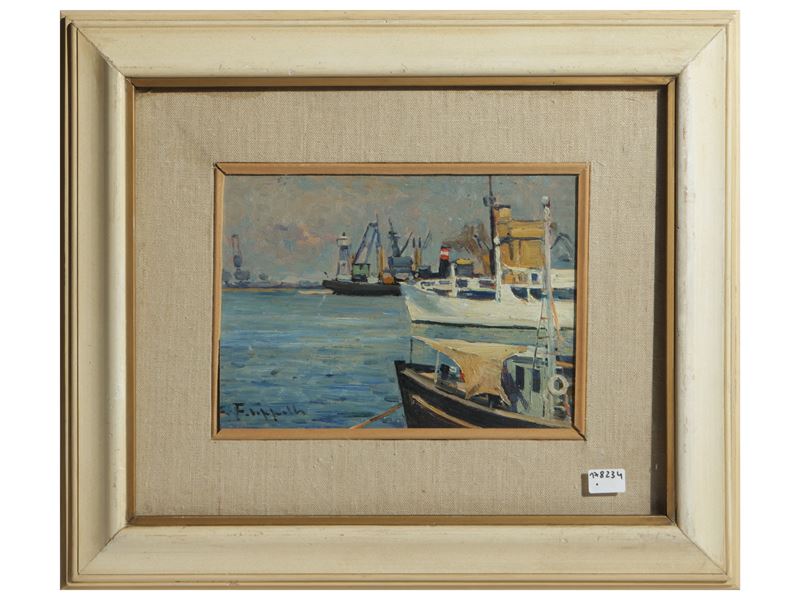 Cafiero Filippelli - Porto di Livorno, 1954, olio su tavoletta