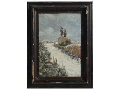 Paesaggio innevato, olio su tavoletta