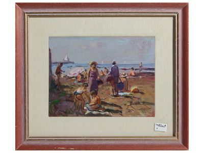 Bagnati in un paesaggio marino, olio su tavoletta