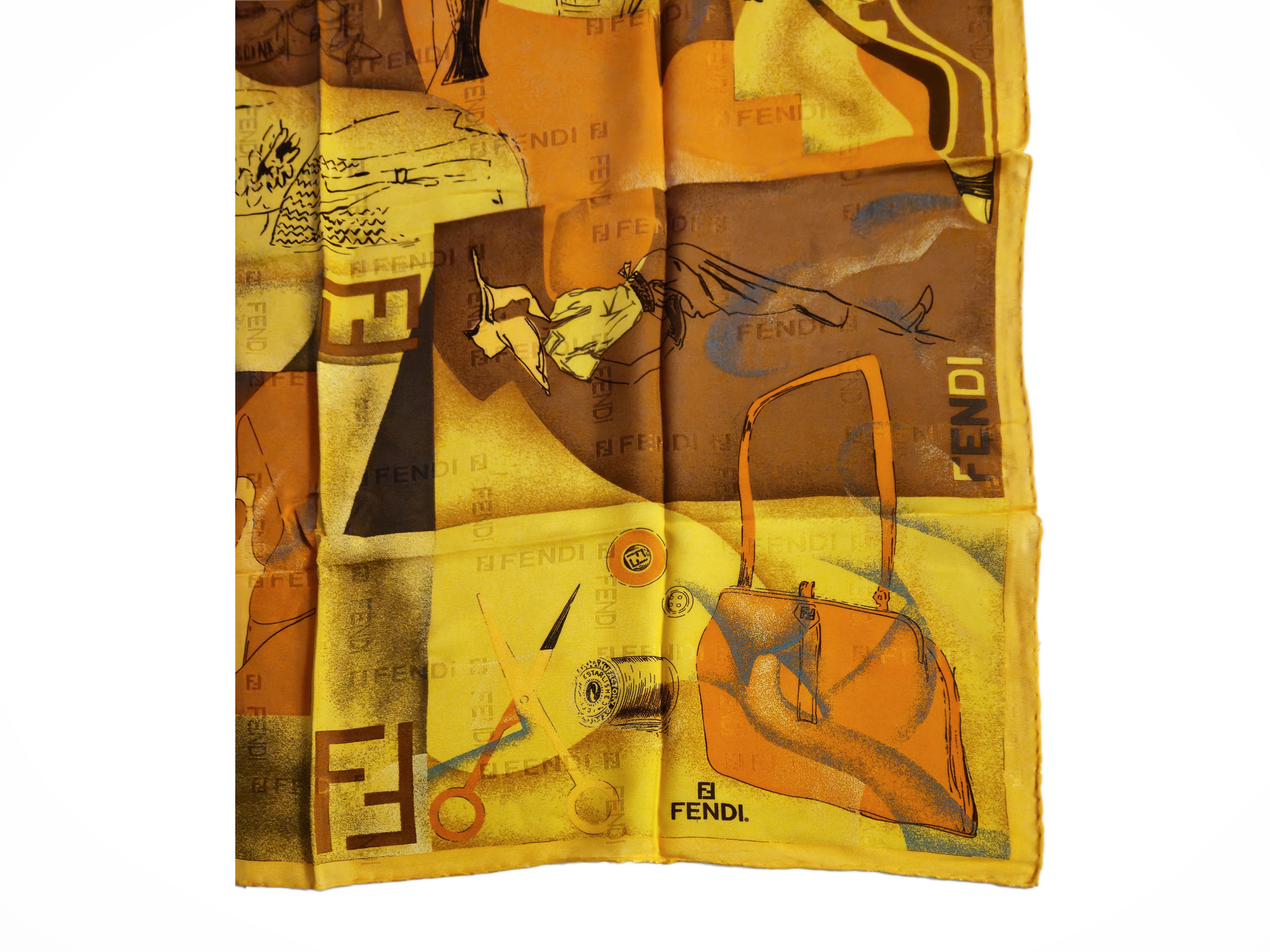 Fendi, Foulard in chiffon a tema moda, cm 86x86