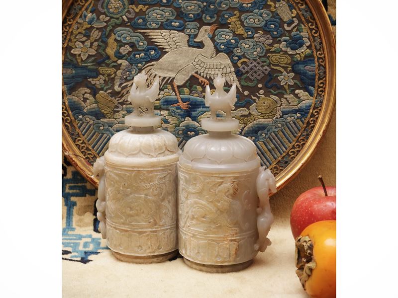 Vaso doppio con coperchi sormontati da uccelli mitologici, Cina, dinastia Qing, sec. XIX
