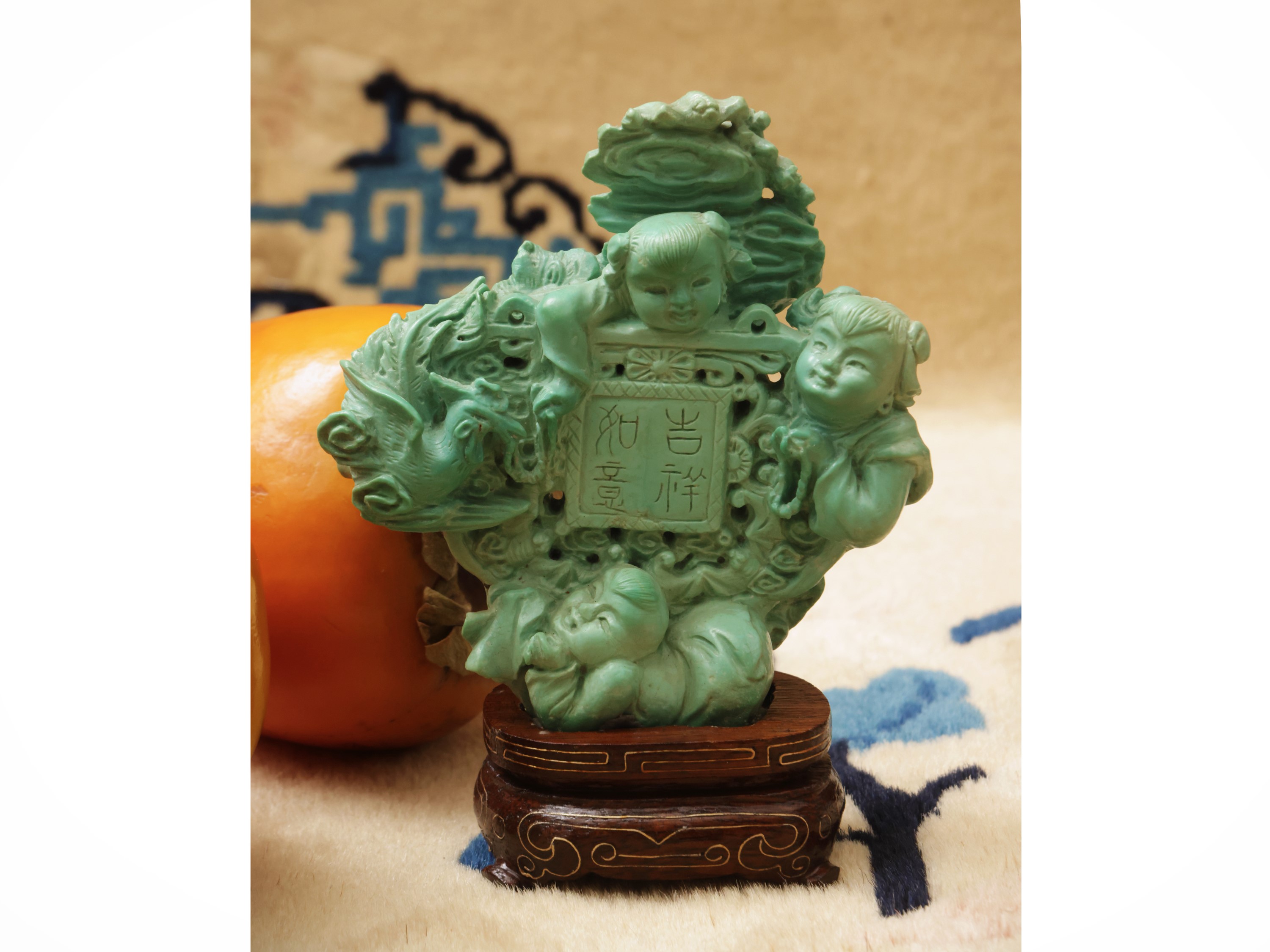 Set di quattro intagli in turchese con base, Cina, dinastia Qing, sec. XIX
