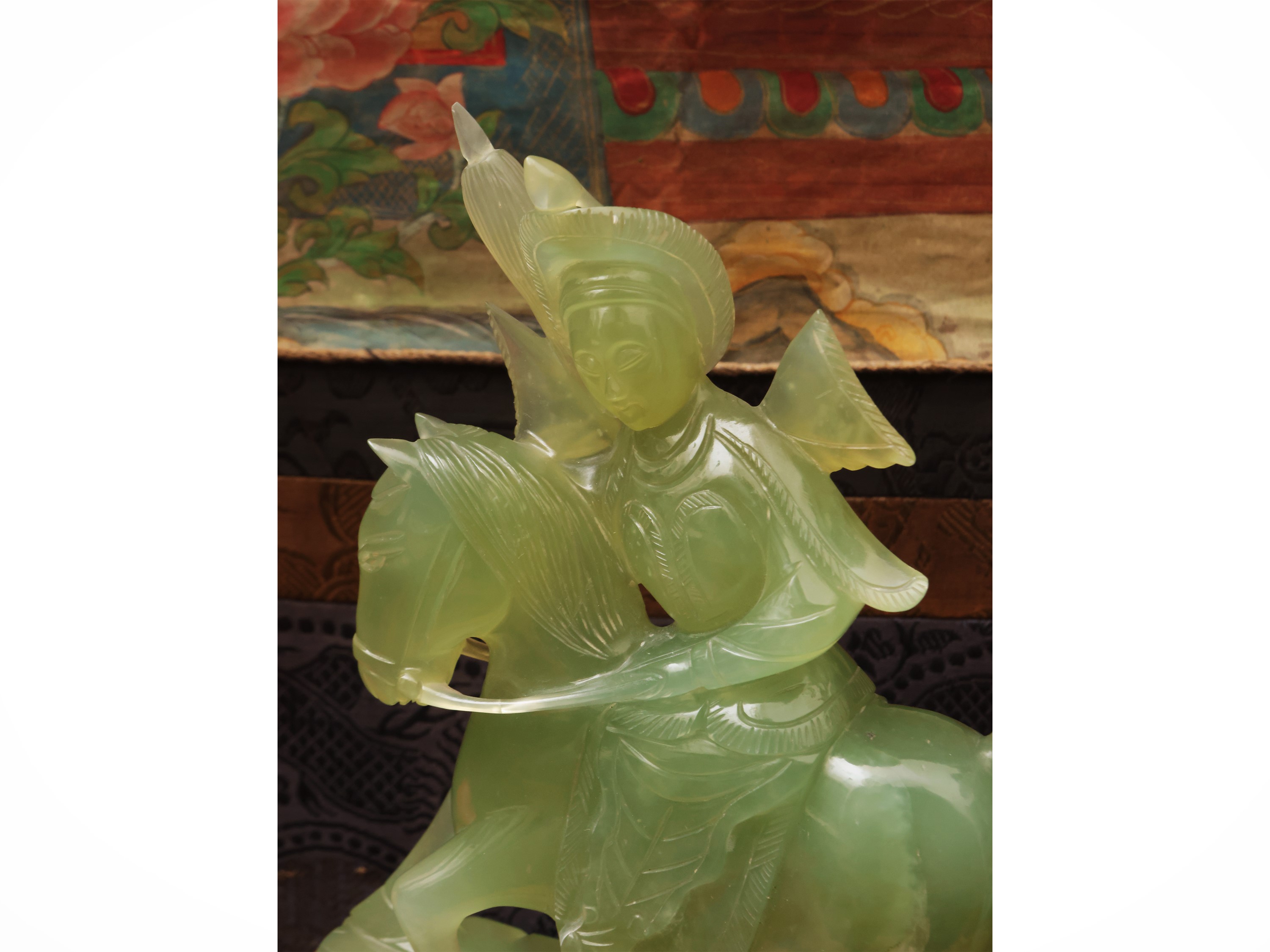 Scultura in giada di Xiuyan raffigurante Mu Guiying a cavallo, Cina, dinastia Qing, sec. XIX