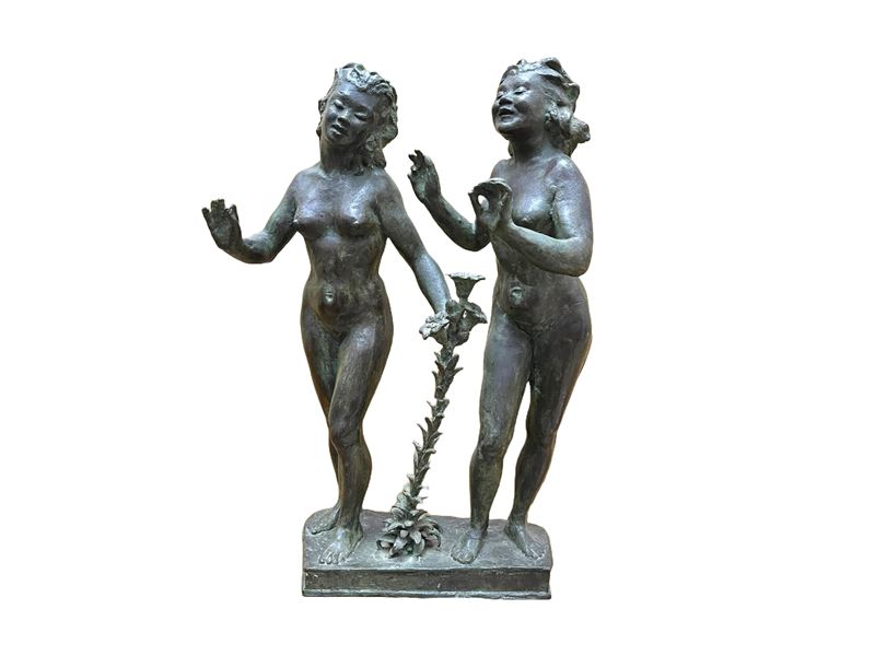 Scuola Italiana della Prima Metà del XX Secolo - Due nudi femminili, bronzo su base in legno (193...