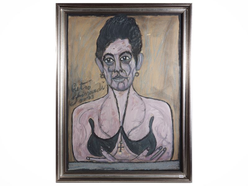 Pietro Ghizzardi - Ritratto femminile, tecnica mista su cartoncino, 1973