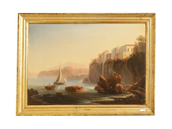 Scuola napoletana della fine del XIX secolo - Seascape with boats and view of Posillipo