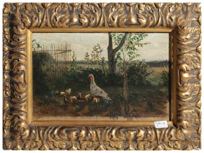Paesaggio campestre con tacchini, olio su faesite