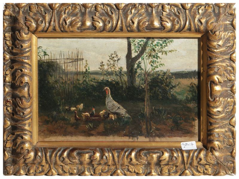 Scuola Toscana della Fine del XIX/inizio del XX Secolo - Paesaggio campestre con tacchini, olio s...