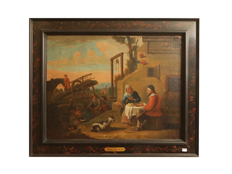 Paesaggio campestre con scena di banchetto e scorcio di casolare