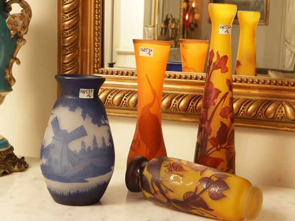 Four cameo glass jars