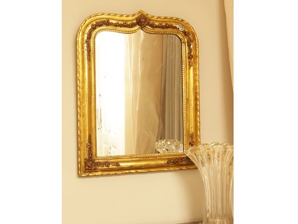 Mirror with wooden frame and golden tablet