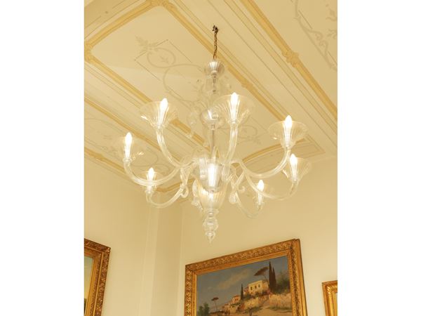 Grande lampadario in vetro costolato incolore