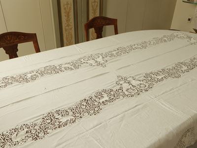 Grande Tovaglia D'epoca in Lino Bianco Finissimo