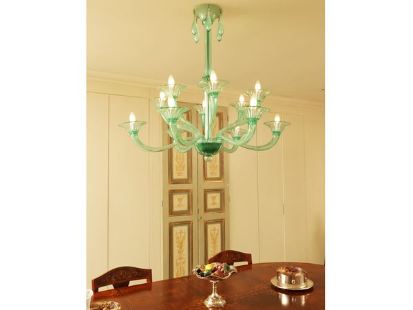 Lampadario in vetro soffiato verde smeraldo, Murano