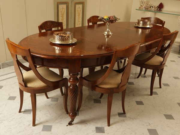 Dining table veneered in thuja briar, walnut and other essences