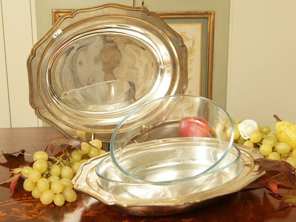 Pair of silver metal trays for gratin dishes