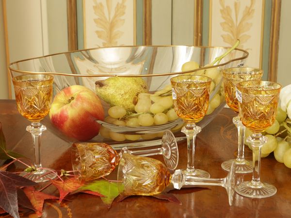 Series of six amber-colored cut crystal glasses