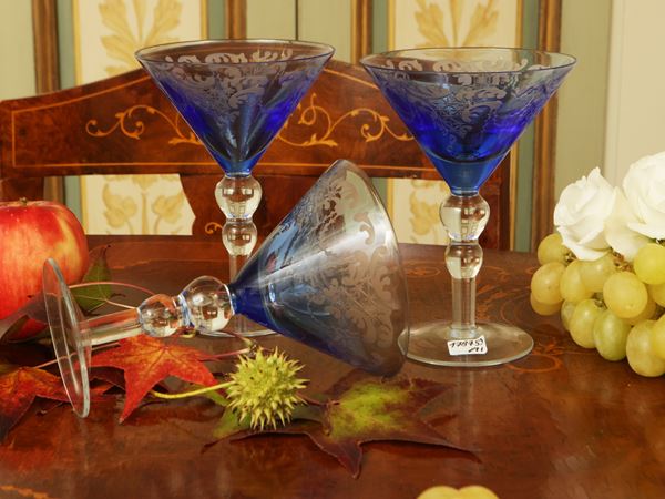 Set of blue crystal cocktail glasses