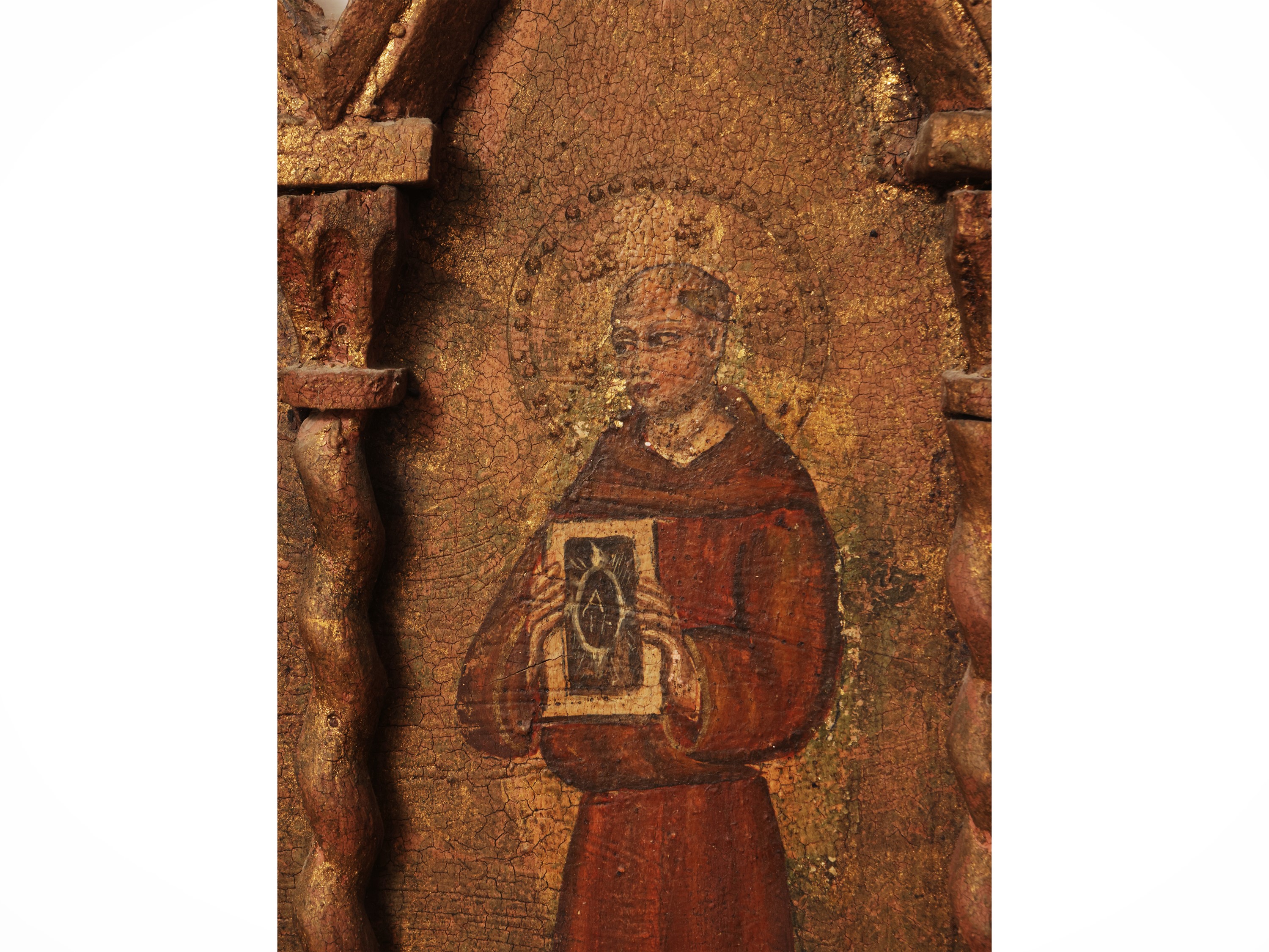 Otello Cordini, Madonna con Bambino e i Santi Bonaventura e Bernardino da Siena, trittico su tavo...