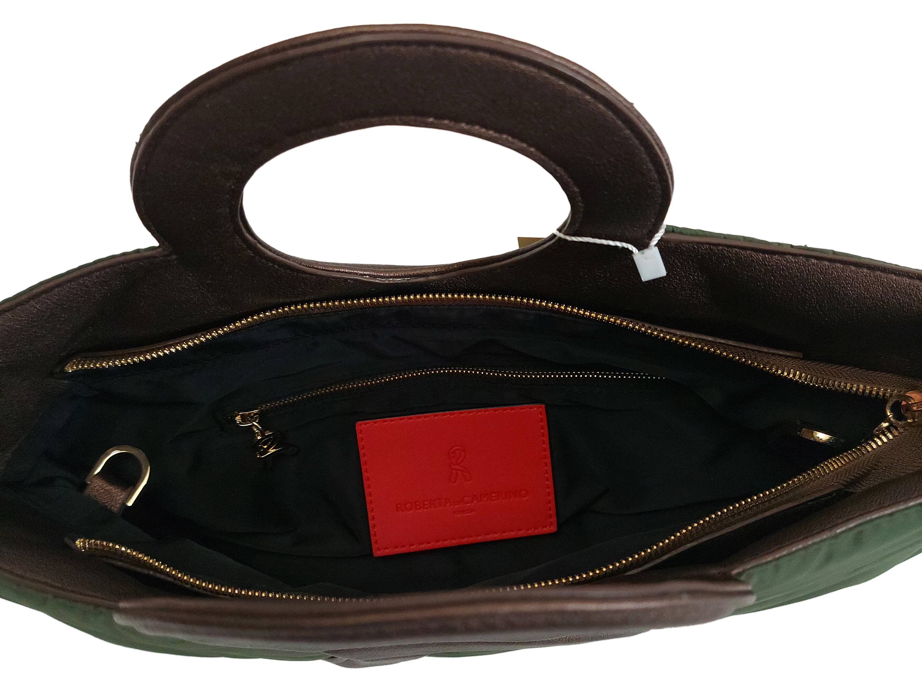 Roberta di Camerino, Borsa a mano Erre trapuntata verde con maniglie in pelle bronzo