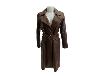 Luisa Spagnoli, Cappotto in pelle marrone, modello diritto con cintura, taglia S