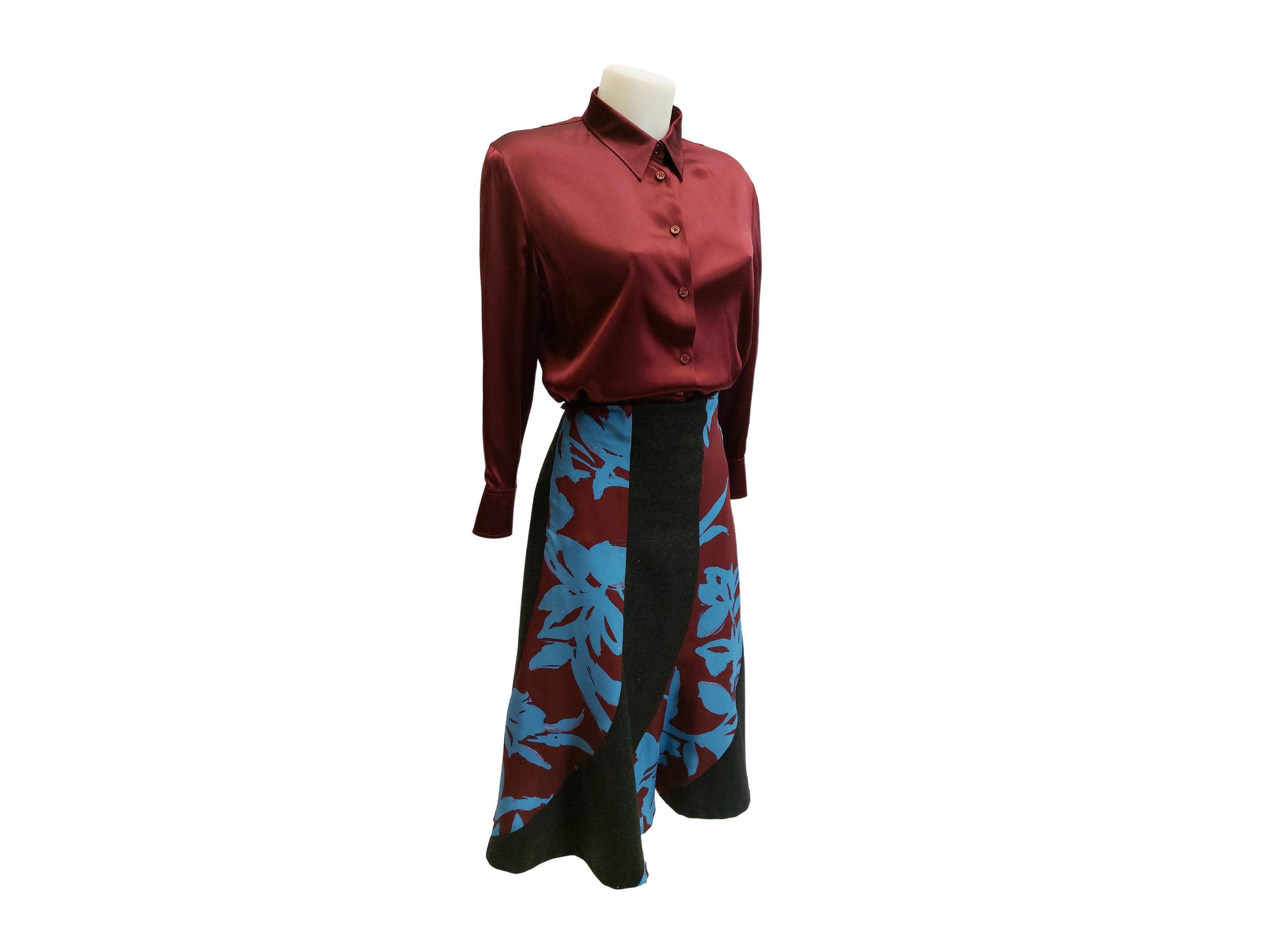 Emporio Armani, Camicia in seta bordeaux e Dries Van Noten, Gonna in lana con inserti in seta