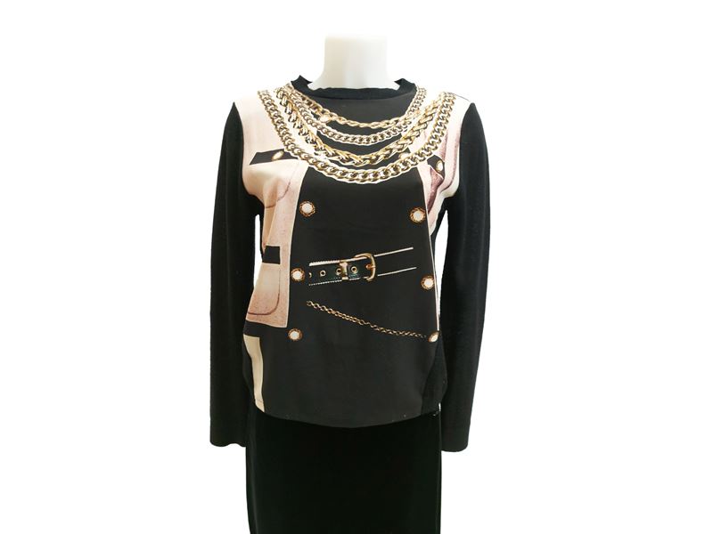 Moschino, Maglia in lana nera con stampa su seta e Max&Co, Pantaloni bianchi in cotone tg 46