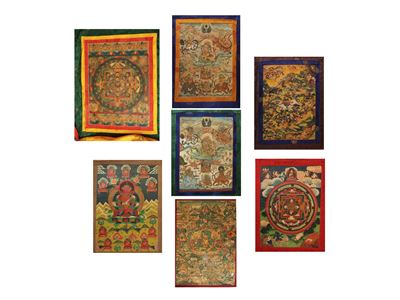 Gruppo di sette thangka, Tibet, sec. XVIII–XIX, pigmento minerale su tessuto