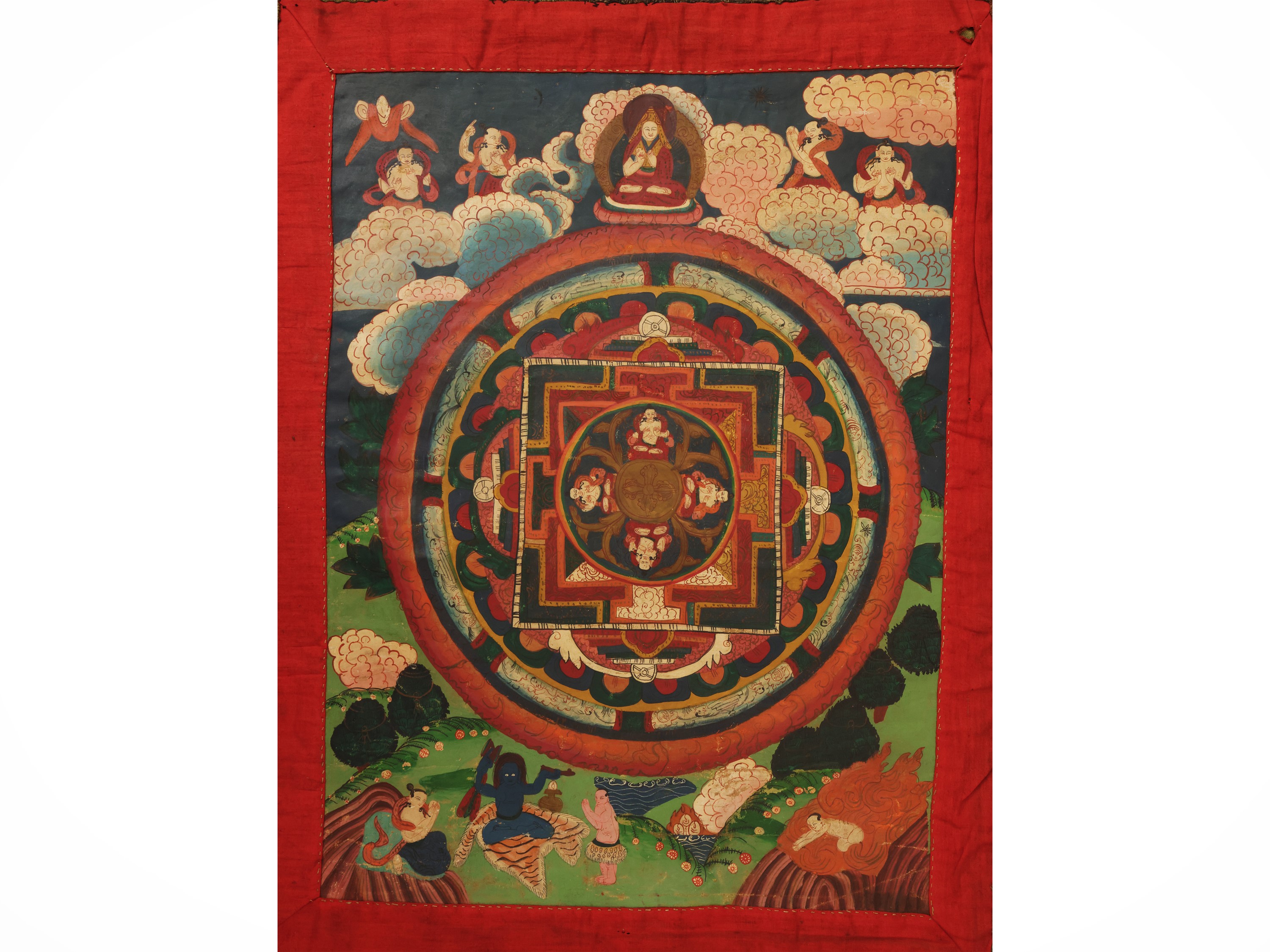 Gruppo di sette thangka, Tibet, sec. XVIII–XIX, pigmento minerale su tessuto