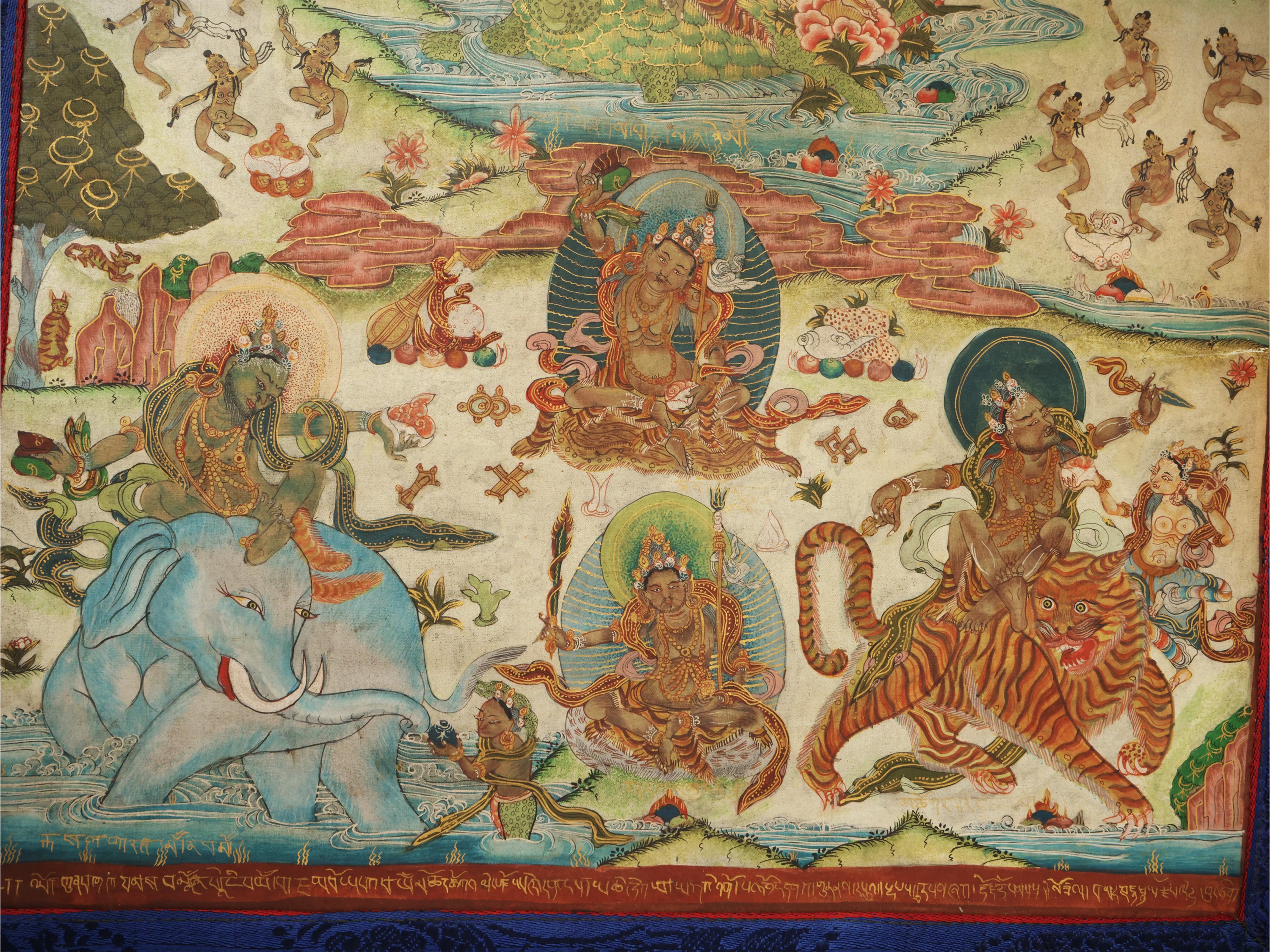Gruppo di sette thangka, Tibet, sec. XVIII–XIX, pigmento minerale su tessuto