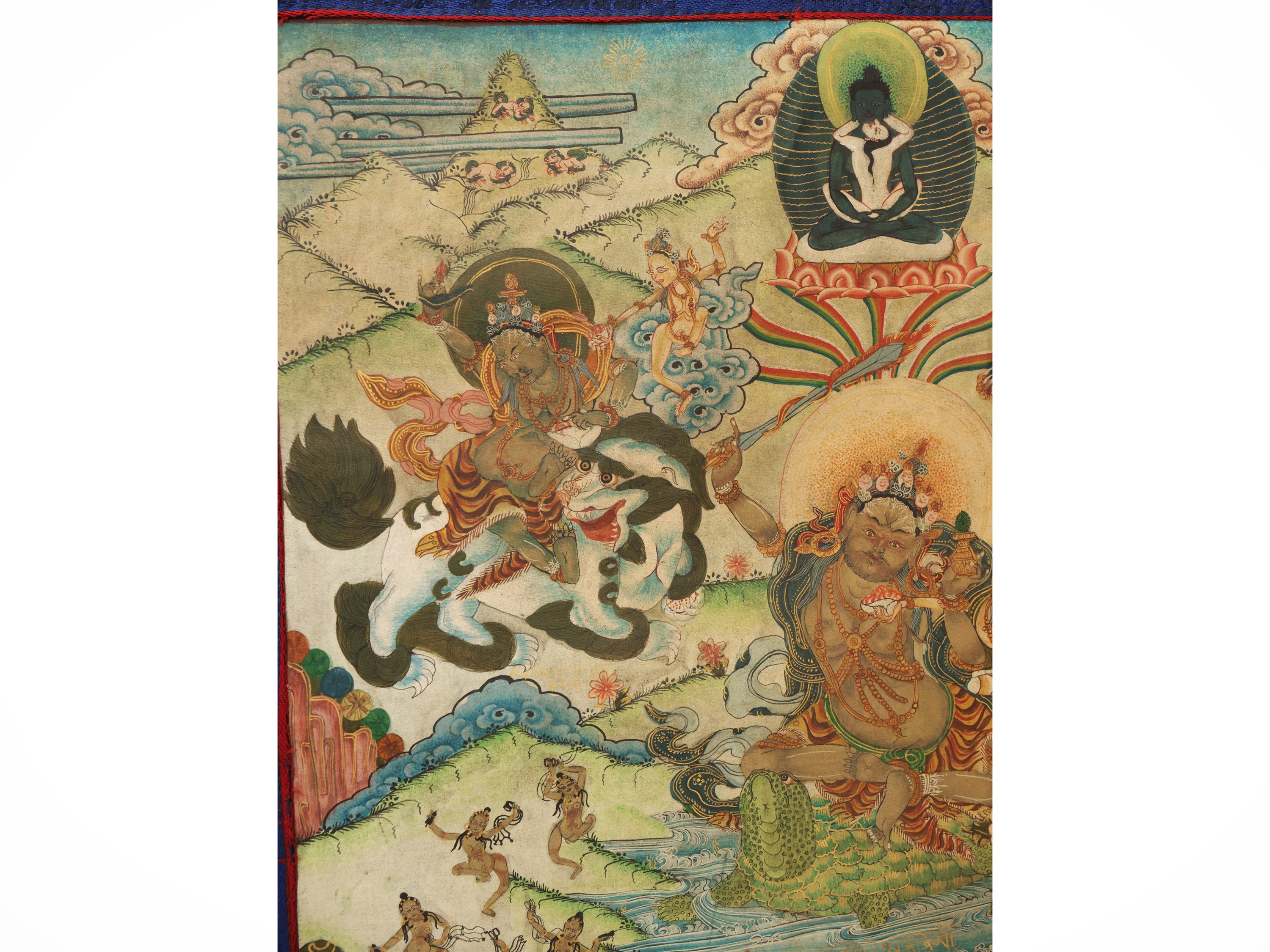 Gruppo di sette thangka, Tibet, sec. XVIII–XIX, pigmento minerale su tessuto