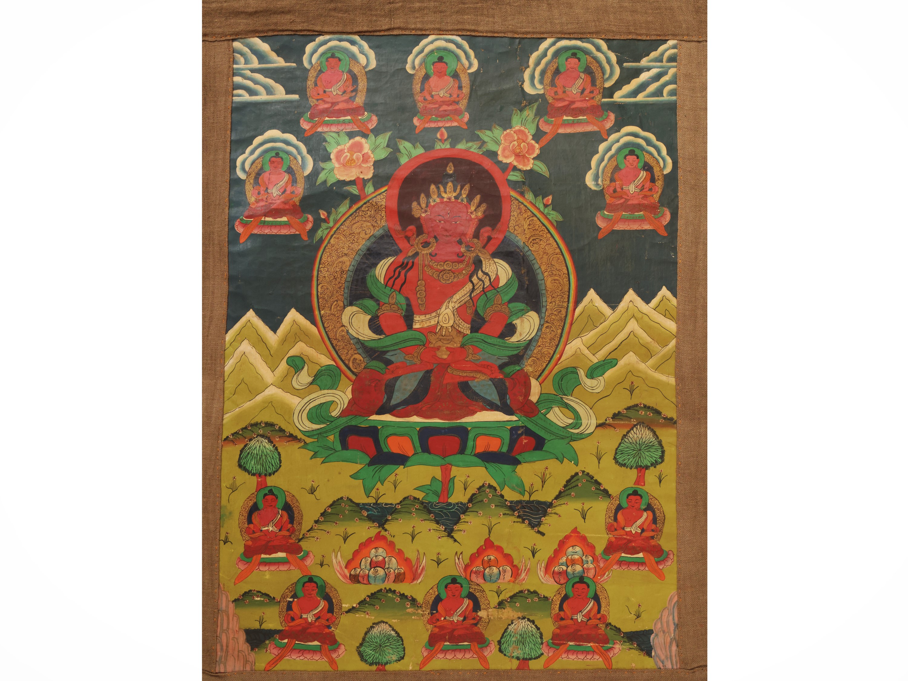 Gruppo di sette thangka, Tibet, sec. XVIII–XIX, pigmento minerale su tessuto