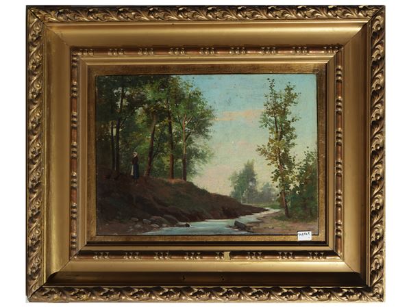 Scuola italiana del XIX/XX secolo : Paesaggio fluviale con figura  - Asta Asta di Natale - Maison Bibelot - Casa d'Aste Firenze - Milano
