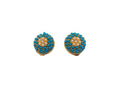 Orecchini vintage a clip in metallo satinato con pietre turchesi e perle simulate