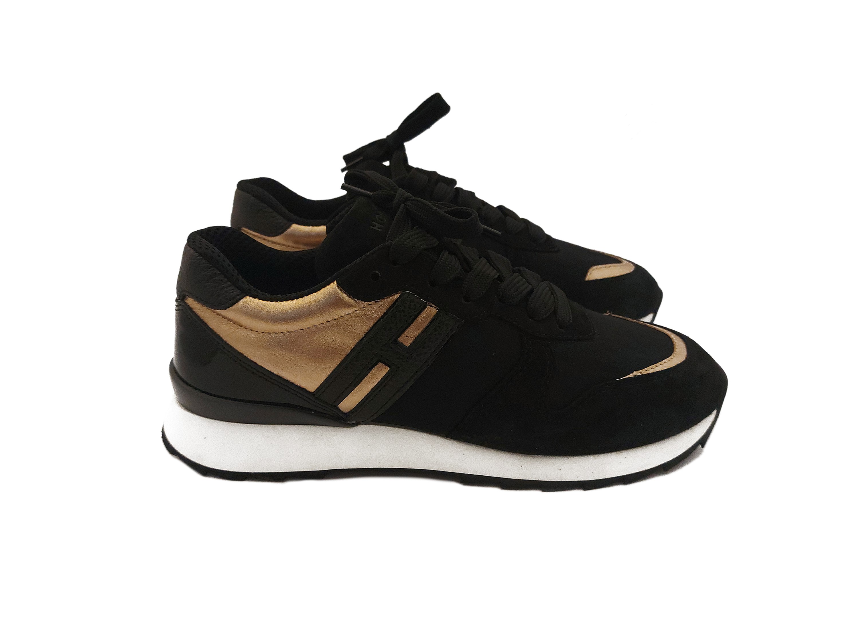 Hogan, Sneakers in suede nero con dettagli in vernice e lamé bronzo, n. 36 1/5
