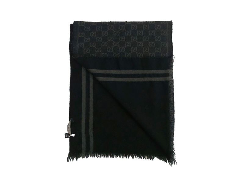 Gucci, Sciarpa in lana nera double-face con motivo logo