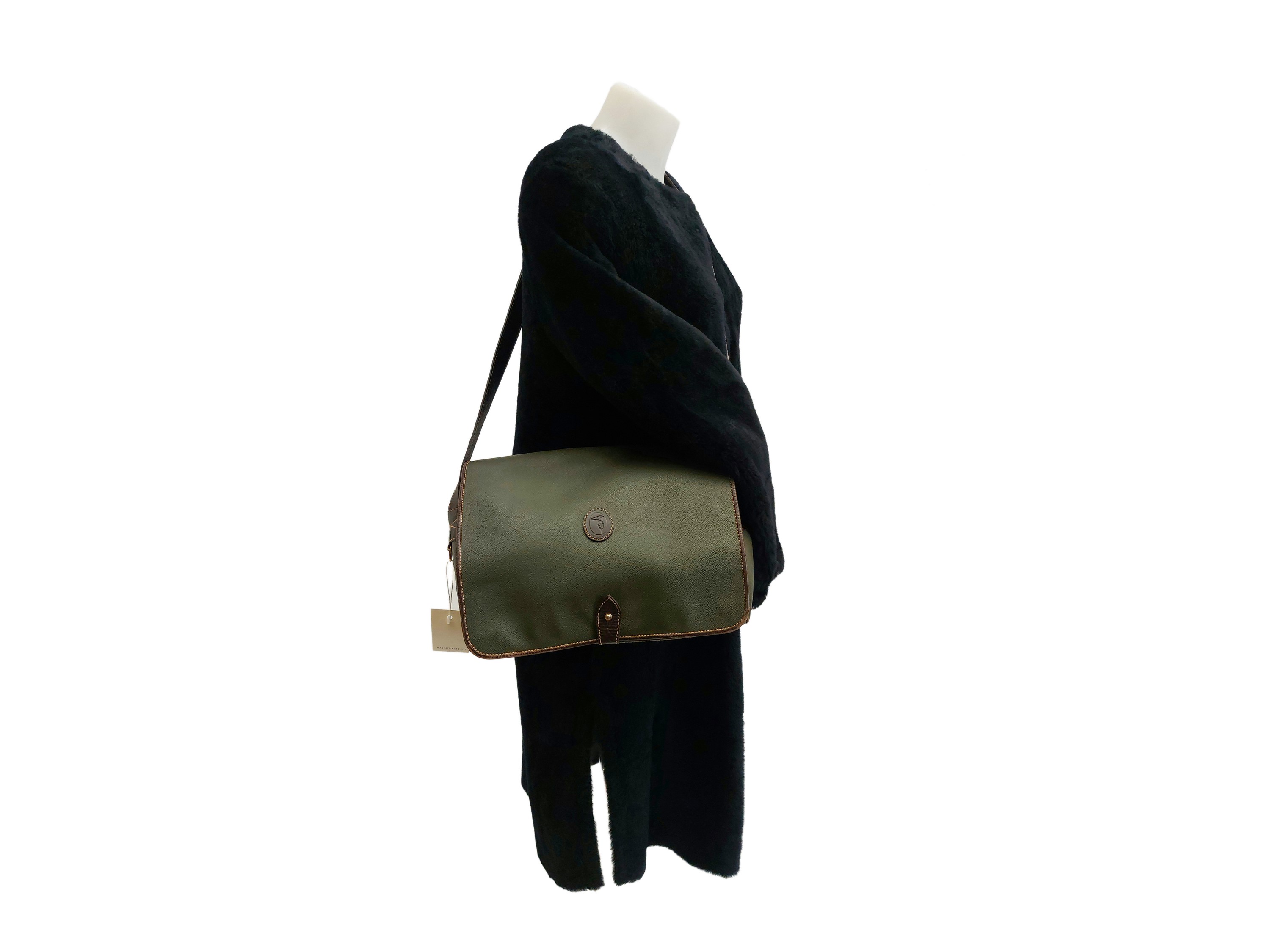 Trussardi, Cartella verde oliva in pelle con tracolla e rifiniture in tessuto