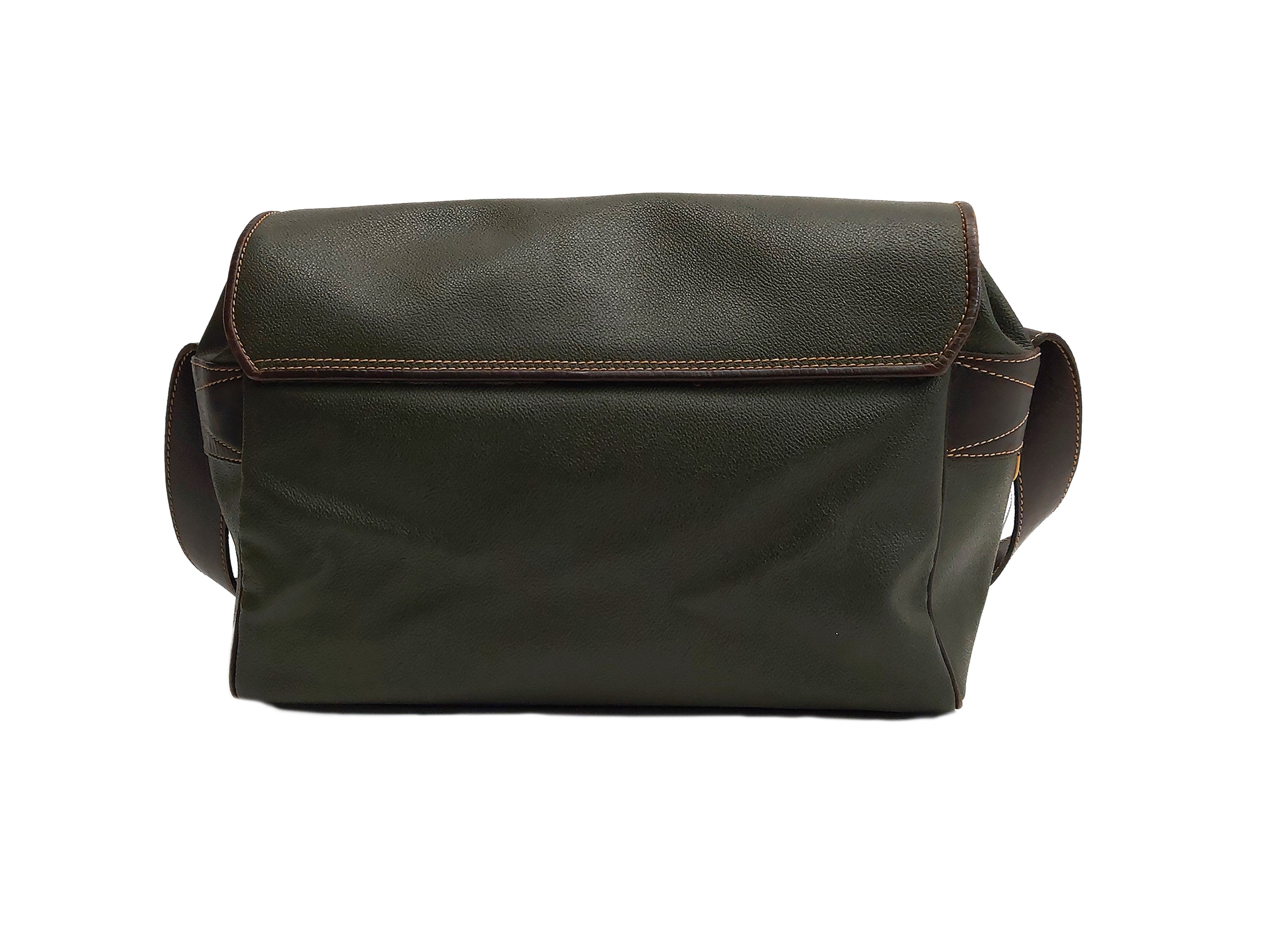 Trussardi, Cartella verde oliva in pelle con tracolla e rifiniture in tessuto