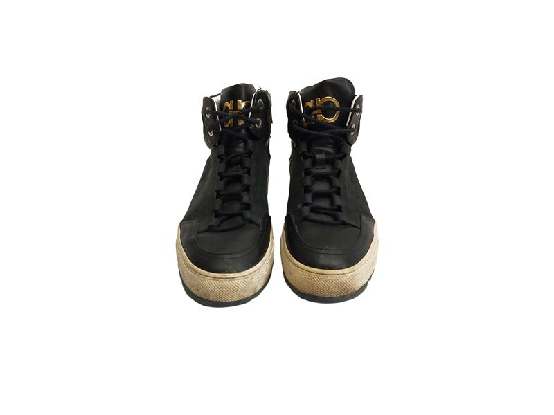 Salvatore Ferragamo, Sneakers alte da uomo in suede e pelle nera, misura 8 1/5