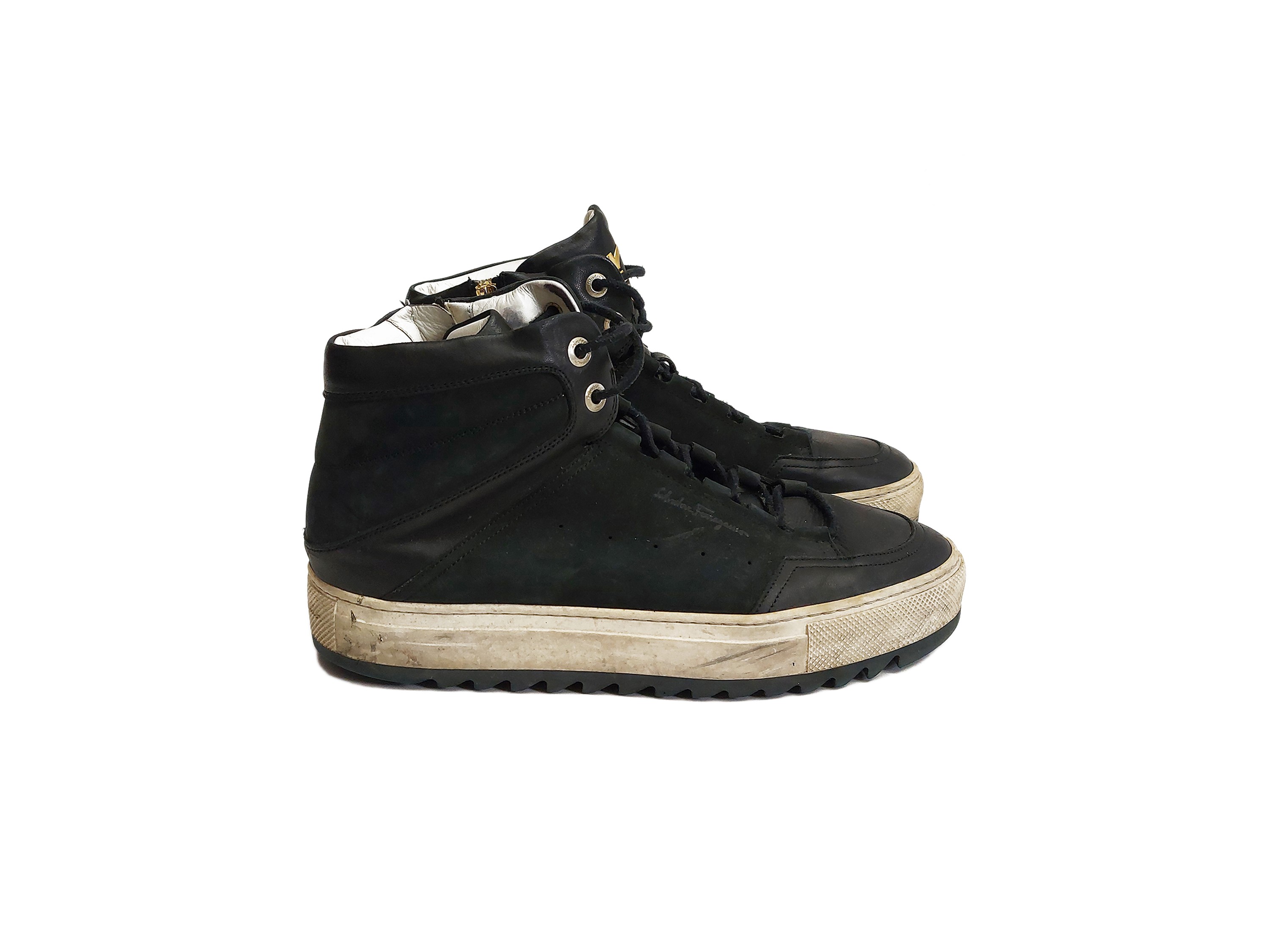 Salvatore Ferragamo, Sneakers alte da uomo in suede e pelle nera, misura 8 1/5