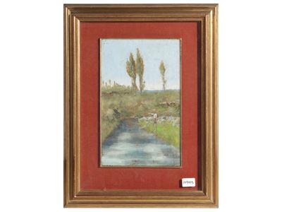 Paesaggio fluviale con pescatore, olio su tavoletta