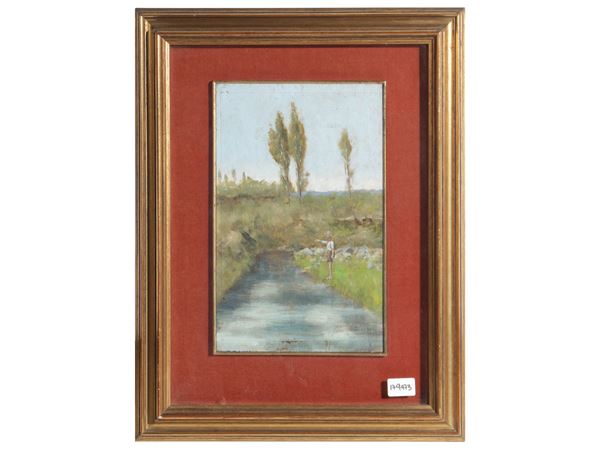 Gino Tommasi : River landscape with fisherman  - Auction The art of furnishing: auction opportunities - Maison Bibelot - Casa d'Aste Firenze - Milano