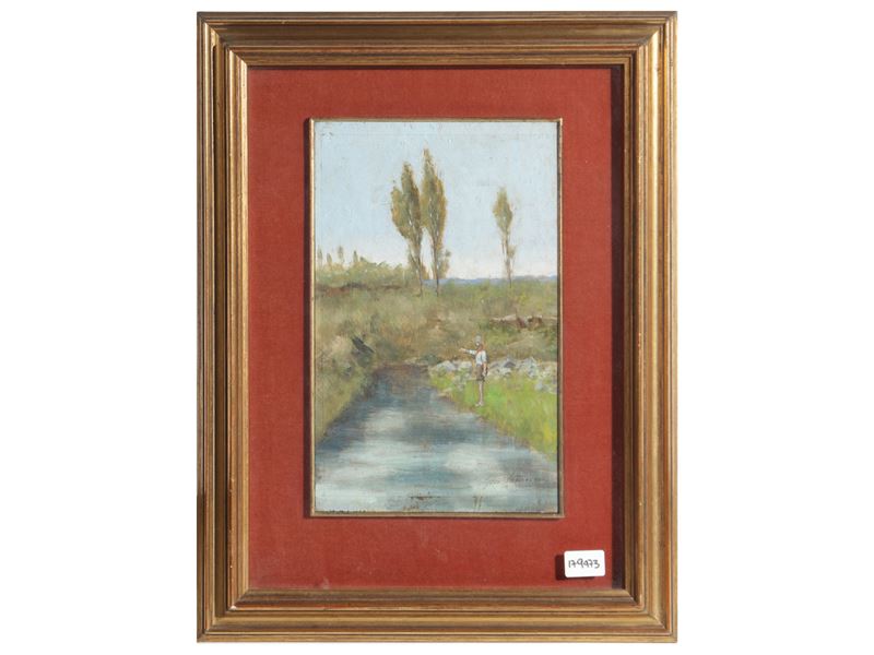 Gino Tommasi - Paesaggio fluviale con pescatore, olio su tavoletta